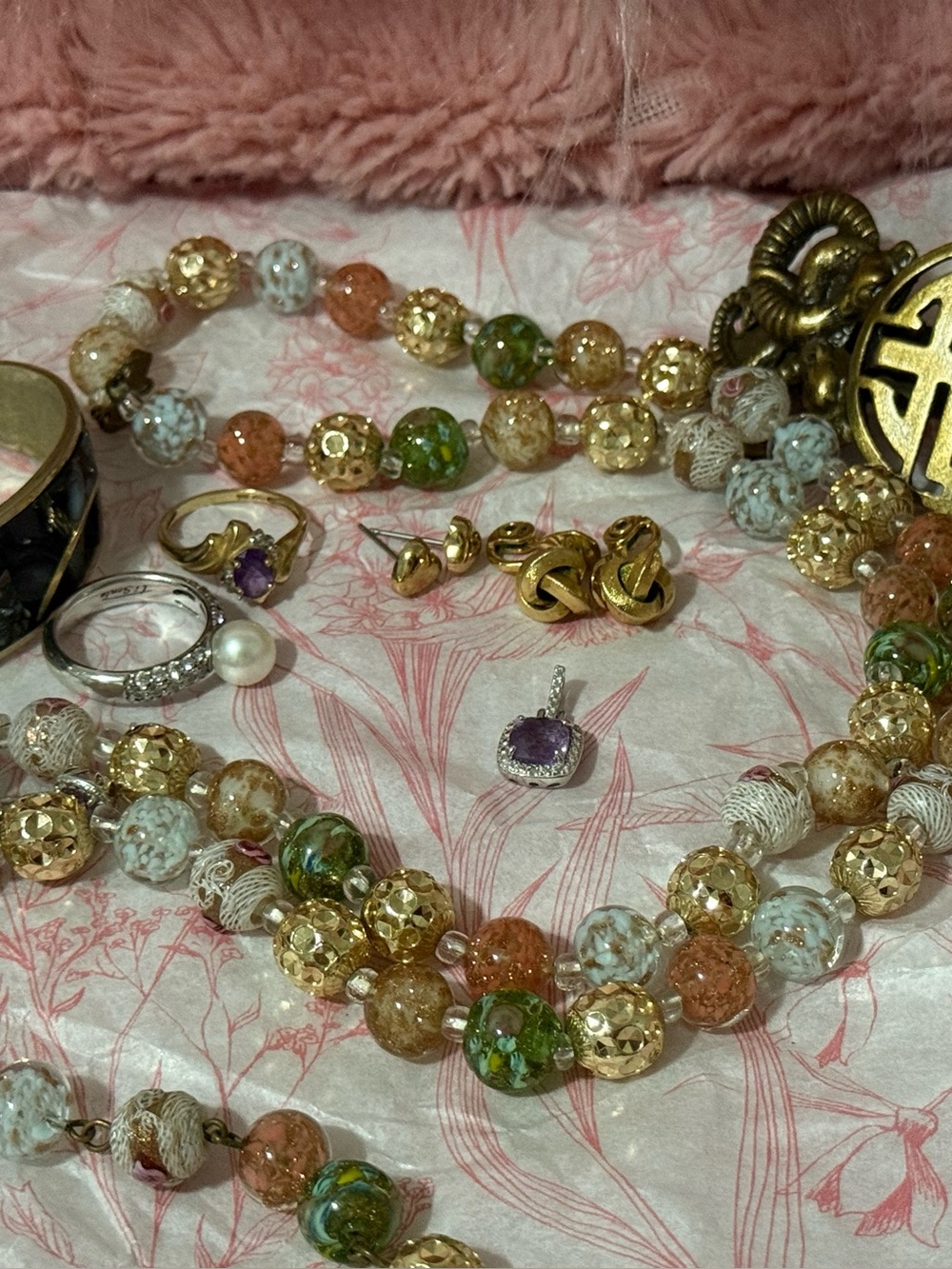 Vintage Rosary Beads(Multicolor Glass & Gold Bead Necklace) Bundle